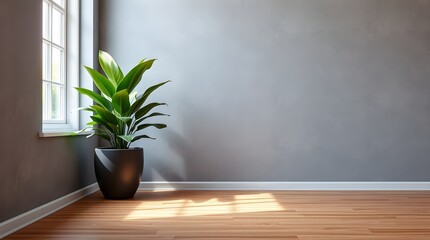 Fototapeta premium stock photo Minimalist interior, large potted green plant in dark grey pot, muted grey textured walls, natural light from left window, wooden floor planks.