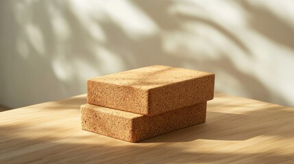 Cork Blocks on Wooden Table with Sunlight Shadows