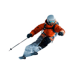 Skier in Orange Jacket Gliding Down Snowy Mountain Slope Isolated on Transparent Background