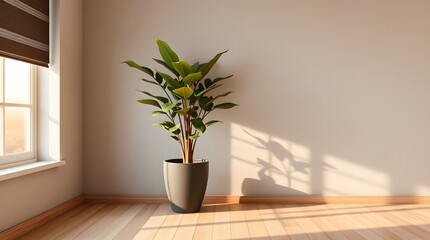 stock photo Minimalist interior, large potted green plant in dark grey pot, muted grey textured walls, natural light from left window, wooden floor planks.