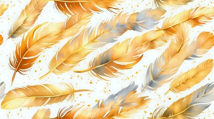 Elegant golden and silver feathers scattered on white background with glowing sparkles, perfect for luxury design, wedding invitations and festive decorations.