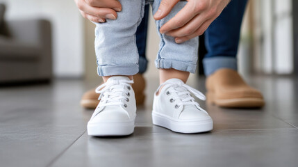 Improved Understanding, A child learns to tie their shoes with a parent, capturing a moment of connection and guidance in a high-fidelity image.