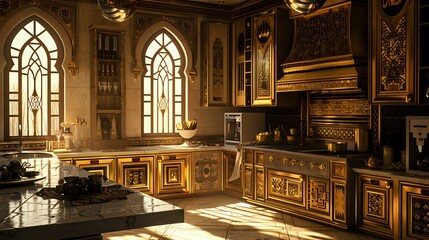Obraz premium Luxurious gothic style kitchen interior with ornate gold details and marble countertops, featuring arched cathedral windows and dramatic sunlight streaming through creating elegant ambiance.