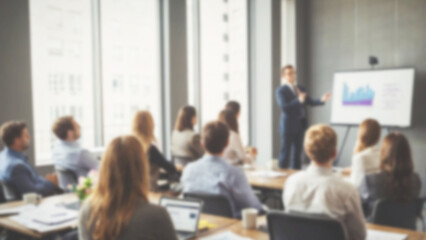 Blurred background of a team presenter discussing creative ideas to inspire coworkers during a business meeting, 8K resolution
