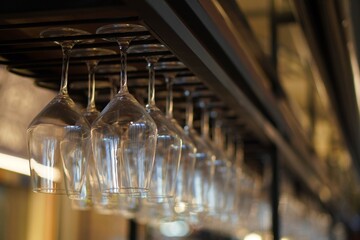 close-up of crystal wine glasses in a modern wine cabinet with dark wood and iron decorations