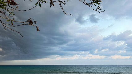 Ocean View Under Dramatic Cloudy Sky With Tree Branches In The Foreground, Coastal Scene Captured Outdoors, Suitable For Travel, Nature, Or Climate Awareness Concepts, Highlighting Natural Beauty.