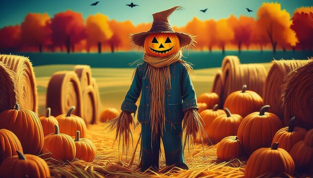 Generated image A scarecrow standing in a field, surrounded by hay bales and pumpkins