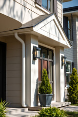 Modern House Exterior: Elegant Home Entrance with Landscaping and Architectural Details