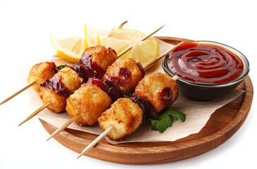 A dish of chicken and eggplant kebabs on a wooden board, with a small bowl of ketchup sauce and a lemon slice, isolated on a white background.