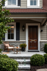 Obraz premium Elegant Home Exterior Design with Stone Porch and Wooden Door. Beautiful landscaping and architectural details create a welcoming entrance.