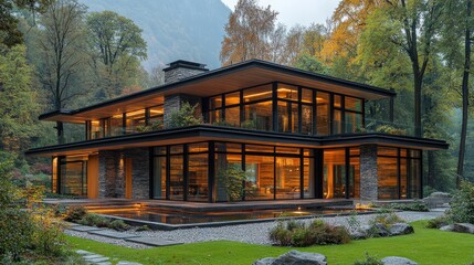 A modern wooden building with large glass windows and an open structure,