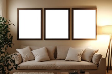 Three blank frames above beige sofa in living room.