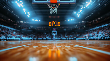 Basketball hoop and court in large indoor arena with bright lights and scoreboard in the background. The perspective is from the floor level, emphasizing the wooden texture and game atmosphere