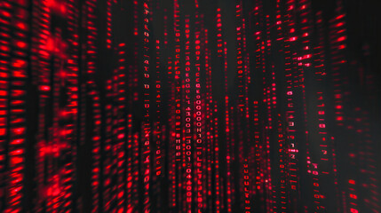  A futuristic display of glowing red binary code and digital patterns, symbolizing technology, cybersecurity, and data processing in a virtual environment..