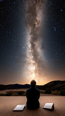 Improved Understanding, A person gazes at stars through a telescope, capturing the wonder of the night sky in a high-fidelity image.