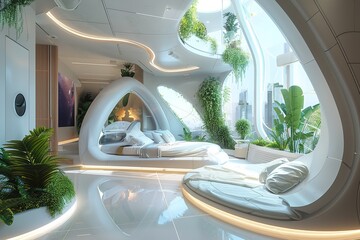 Futuristic indoor space combining modern design with green living elements