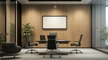 office interior with chairs empty frame mockup design. Stylish Office Space with Wooden Panels and Black Modern Wall Design empty 3d fame mockup