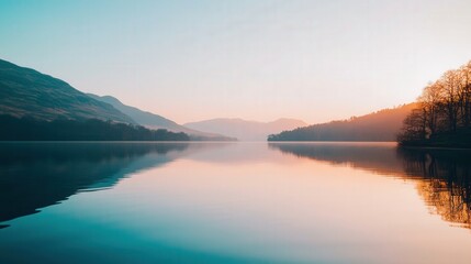 A calm lake with soft, rippling water reflects the pale blue sky and pinkish-orange hues of sunset, with trees and distant mountains creating a tranquil, dreamlike quality.