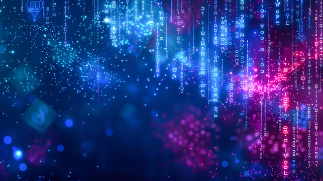  A vibrant abstract representation of flowing digital data, featuring neon blue and pink alphanumeric characters, symbolizing technology and coding..