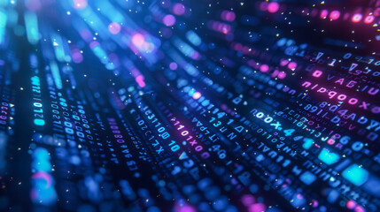  A vibrant abstract representation of flowing digital data, featuring neon blue and pink alphanumeric characters, symbolizing technology and coding..