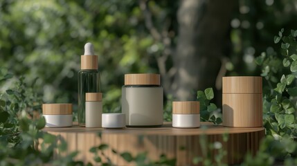 Essential skincare products, including organic oils, serums, and creams, are displayed on a vanity table, surrounded by lush plants and soft ambient lighting, setting a calm.