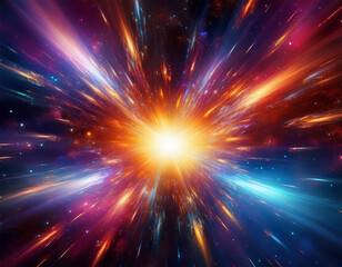 Fototapeta premium bright supernova exploding with colorful particles and light rays traveling at warp speed through space and time creating a mesmerizing cosmic background