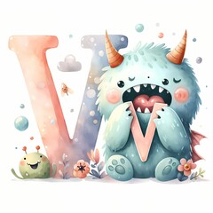 Naklejka premium Colorful monster holding letter V surrounded by nature and a smiling snail