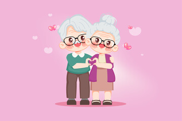 Cute cartoon senior people showed their love for each other in on Valentine's Day. Premium illustration vector.cartoon animation design.