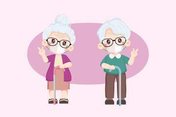 Cute cartoon characters of happy elderly grandparents wearing a face mask. Premium illustration vector.cartoon animation design.