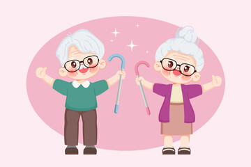Cute cartoon characters of happy elderly grandparents cheerful with staff. Premium illustration vector.cartoon animation design.