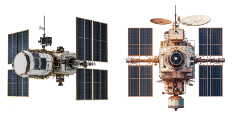 Set of two realistic satellite modules featuring detailed solar panels and complex structures. These space station elements are designed with precision, showcasing educational uses.