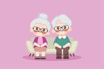 Cute cartoon characters of elderly grandparents sitting at sofa. Premium illustration vector.cartoon animation design.
