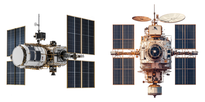 Set of two realistic satellite modules featuring detailed solar panels and complex structures. These space station elements are designed with precision, showcasing educational uses.