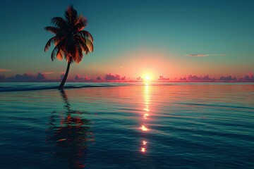 Fototapeta premium Stunning tropical sunset over calm ocean waters with single palm tree silhouette, perfect for travel marketing, resort advertising, and relaxation themes. Vibrant turquoise and coral colors.