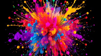 High-resolution stock photo of a vibrant, abstract explosion of colorful paint splatters against a black background. 
