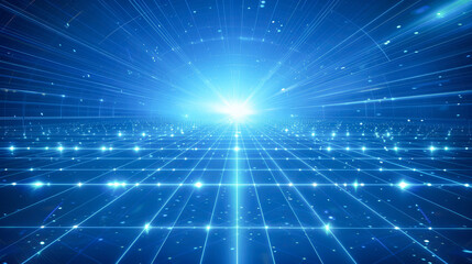 A futuristic glowing grid extending towards a bright light burst, symbolizing technology, progress, and virtual landscapes in blue tones..
