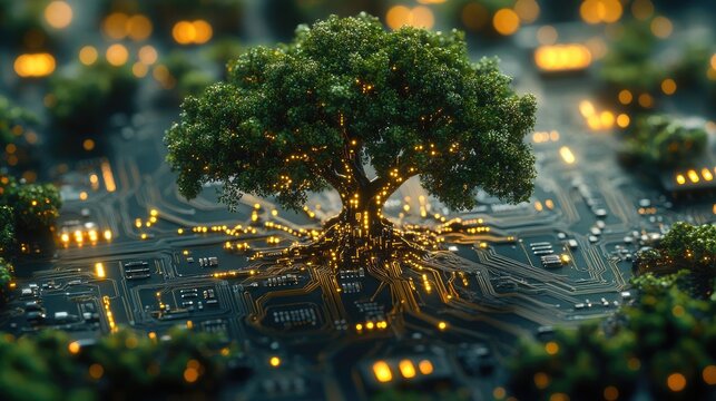 A visually striking digital artwork depicting lush green trees rising from a futuristic circuit board.