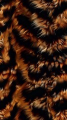 Abstract seamless pattern with swirling copper and brown fur texture on black background, perfect for luxury fashion designs and premium textile prints.