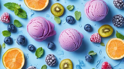 Flat lay of scoops of pink ice cream with fresh fruit and mint on a blue background.