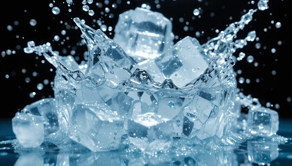 Ice cubes splash into water, adding a refreshing touch to a creative home workspace with a girl and her cat