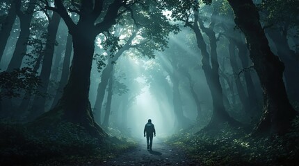 Fototapeta premium Lone Traveler in Misty Forest, Dramatic Lighting and Mystery