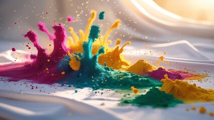 Vivid Holi colors splashed on white canvas representing creativity, festivity, cinematic depth, and tradition

