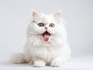 Fototapeta premium Fluffy white cat looking playful with tongue out in a studio setting