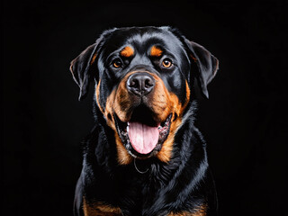 Obraz premium Happy Rottweiler with attentive expression poses against dark background, showcasing strong features and warm demeanor