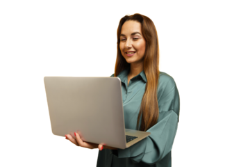 Woman with long hair smiles while using a laptop in a bright indoor setting with minimal distractions