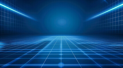  A glowing blue grid tunnel leading to a bright light, symbolizing advanced technology, virtual space, and futuristic innovation..