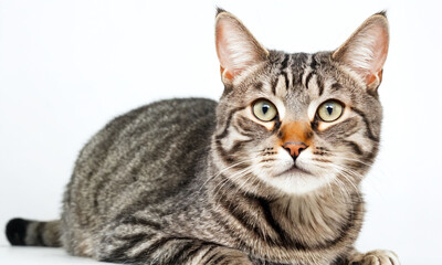 Obraz premium Gray tabby cat lying on a white surface, showing alert expression and distinctive markings in a bright indoor space