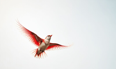 Obraz premium Bright red bird soars through a clear sky during the late afternoon in a tranquil environment
