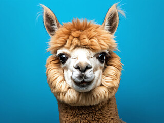 Obraz premium Cute alpaca with fluffy fur poses against a bright blue background in a studio setting, showcasing its charming features