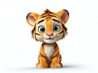Cute animated tiger character with big eyes and playful expression sitting on a white background